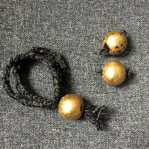 Gold Leaf Large Round Wood Bead Gray Wool Lucet Cord Bracelet and Earring Set